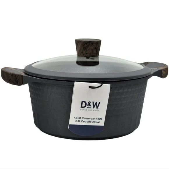 D&W‎ Premium Cookware 9.5in Stock Pot Casserole with Lid Nonstick 4.5QT Charcoal